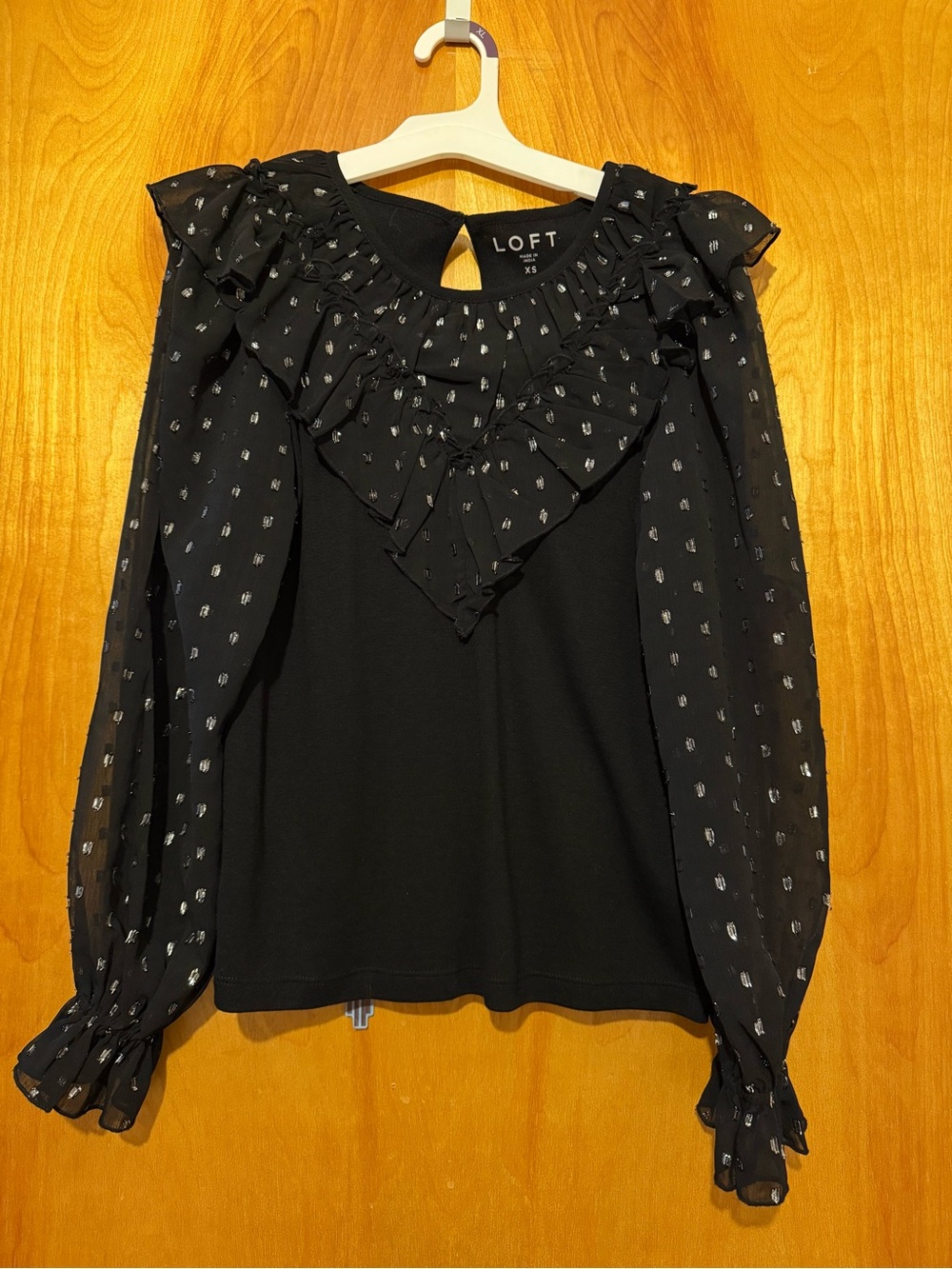 LOFT Women XS Black Metallic Silver Clip Dot Ruffle Rayon Knit Blouse Top EUC